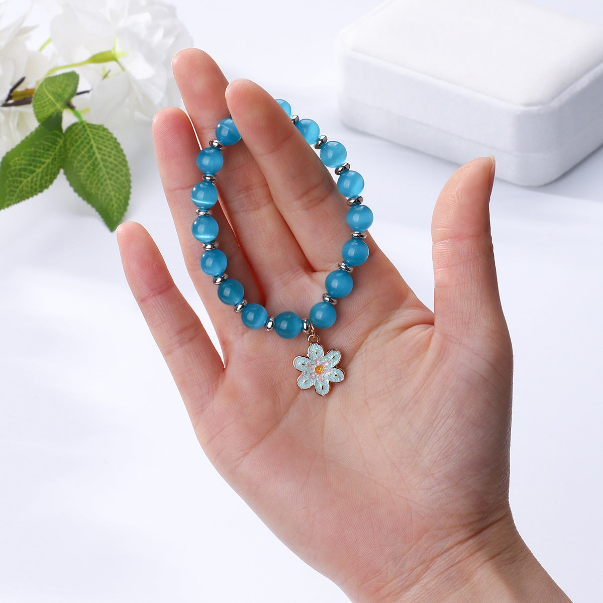 Faux Opal Bell Bracelet Bungee Cord Crystal Beaded Bracelet