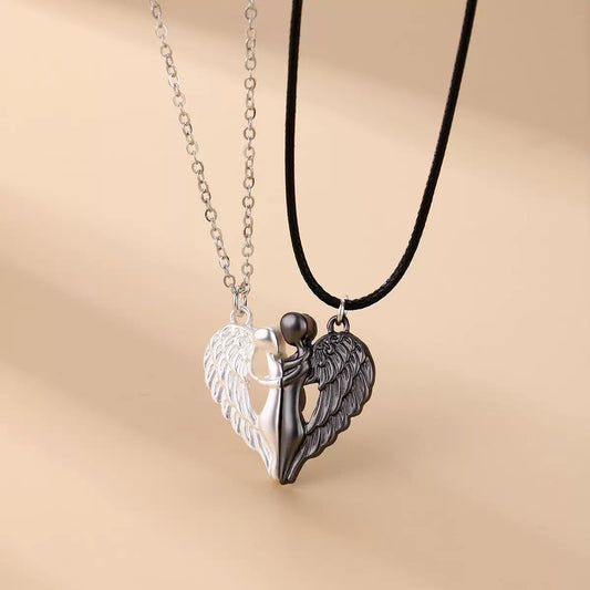 Valentine's Day Gift: "Embracing Angel Wings" Matching Couple Necklaces – Magnetic Heart-Shaped Alloy Pendant Necklaces