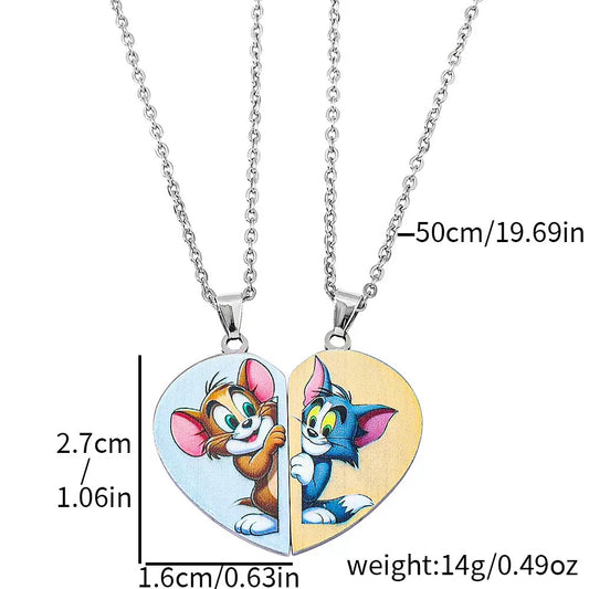 丨Cartoon Cat and Mouse Patchwork Necklace – Couple’s Jewelry, Heart-Shaped Pendant
