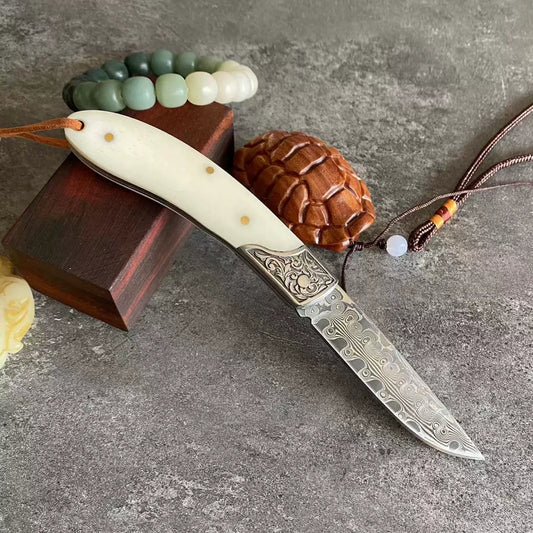 Damascus steel cow bone handle hand folding knife outdoor camping portable hand handle meat fruit knife