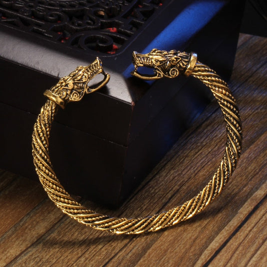 Vintage Viking Wolf Head Cuff Bracelet