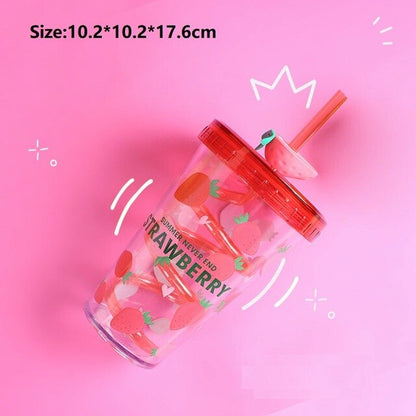 Double Layer Plastic Straw Cup Portable Milk Coffee Mug Girl Summer Beverage Water Bottle Cold Drink Juice Cup Kitchen Drinkware